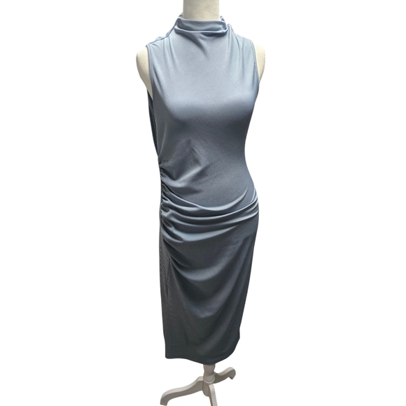 Solid High Neck Ruched Sleeveless Midi Dress - Picture 1 of 5